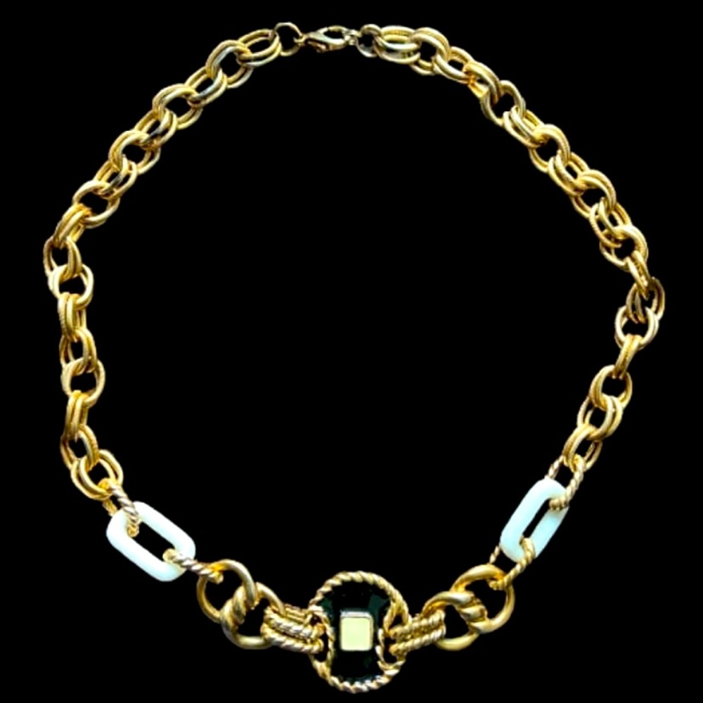 Vintage Carol Dauplaise Gold Lucite Enamel Link Chain Necklace